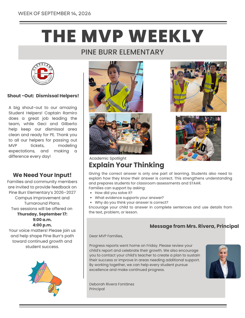 A newsletter displays a title "The MVP Weekly" with an image of a child in yellow safety gear.