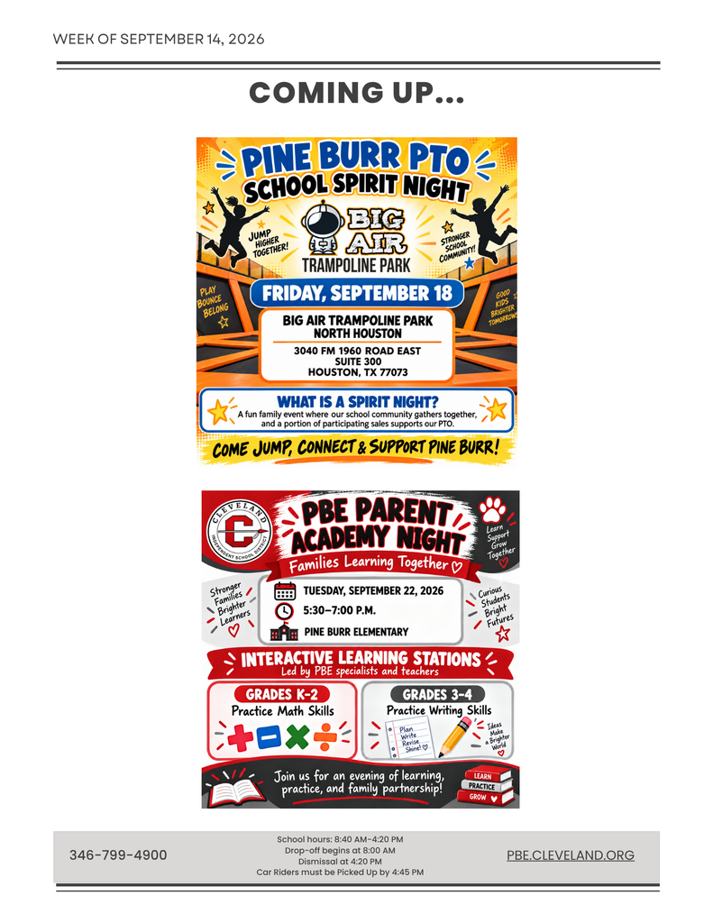 A page lists two upcoming events. One is a Big Air Trampoline Night on September 18, 2020. Another is a Pre Parent Academy Night on September 22, 2020.