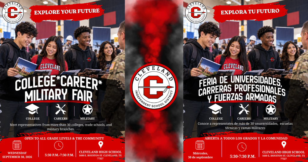 Two posters with red backgrounds feature people holding books. One poster reads "College/Career Military Fair" and the other reads "Feria de Universidades, Carreras Profesionales y Fuerzas Armadas".
