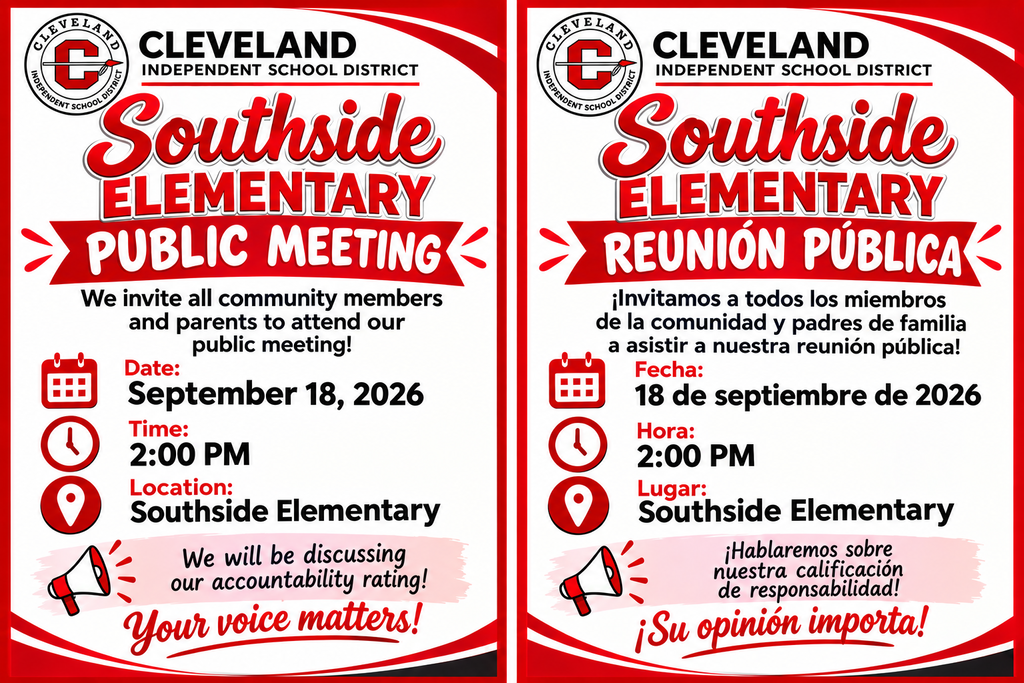 Parents and Community Members you are welcome to attend our Public Meeting as we discuss our Accountability Rating. On Friday, September 18, 2026. Padres de familia y miembros de la comunidad: Están cordialmente invitados a asistir a nuestra Reunión Pública, donde hablaremos sobre nuestra Calificación de Rendición de Cuentas. Viernes, 18 de septiembre de 2026
