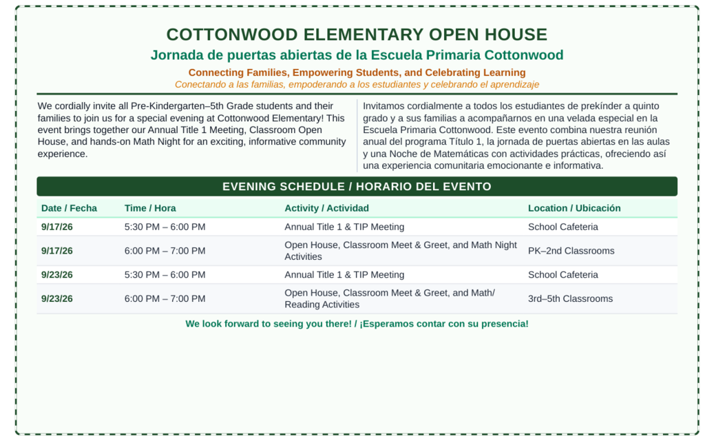A flyer for Cottonwood Elementary's Open House event. It includes a schedule for evening activities in both English and Spanish.