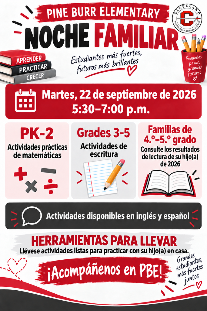 A bilingual flyer for Pine Burr Elementary's Family Night on September 22, 2026. It includes practical activities, writing activities, and reading results for students in grades 3-5.