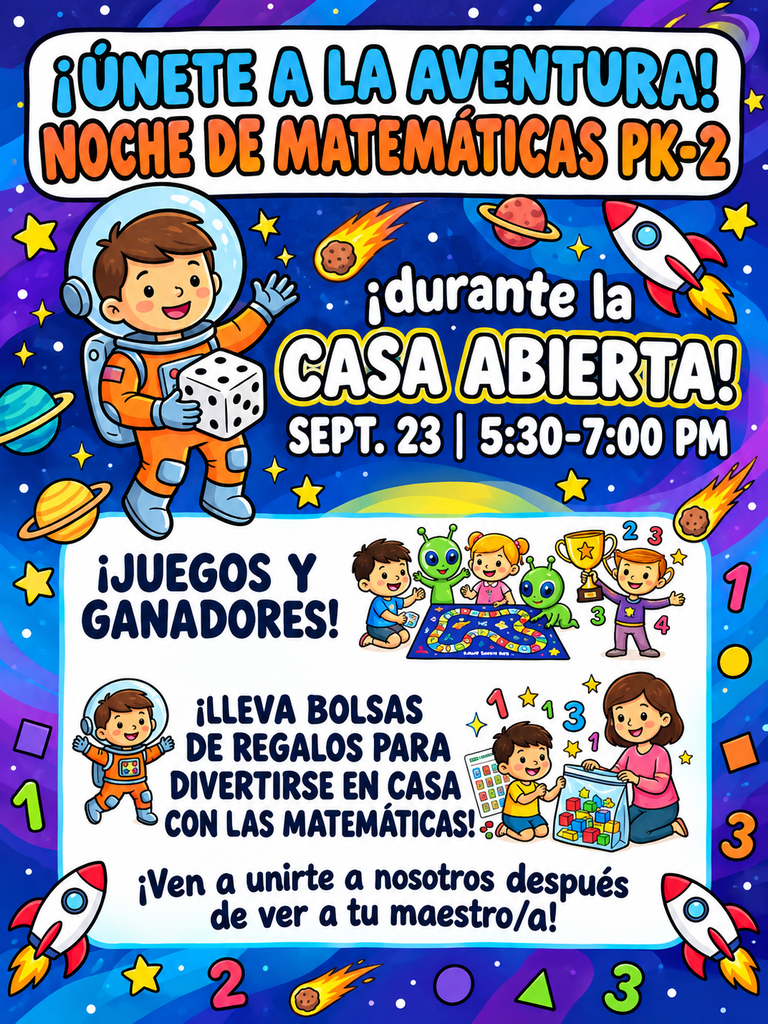 An event poster for a math night. It features an astronaut, children playing games, and a spaceship. The event is on Sept. 23 from 5:30-7:00 PM.