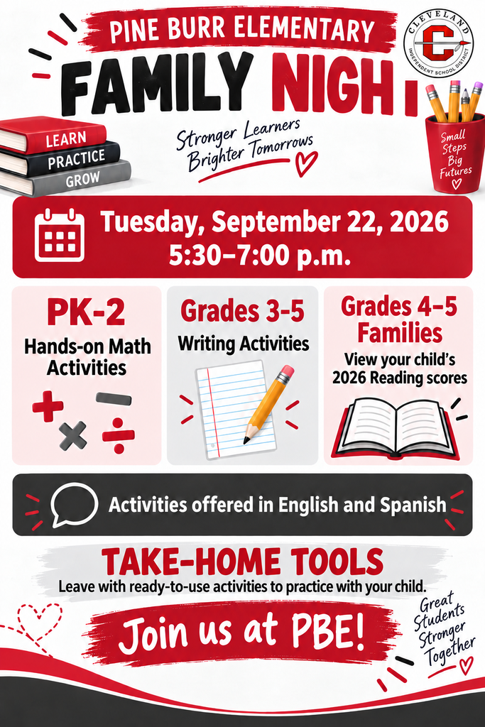 Event poster for Pine Burr Elementary Family Night on September 22, 2026, 5:30-7:00 p.m. Activities include hands-on math for PK-2, writing activities for grades 3-5, and reading scores for grades 4-5.