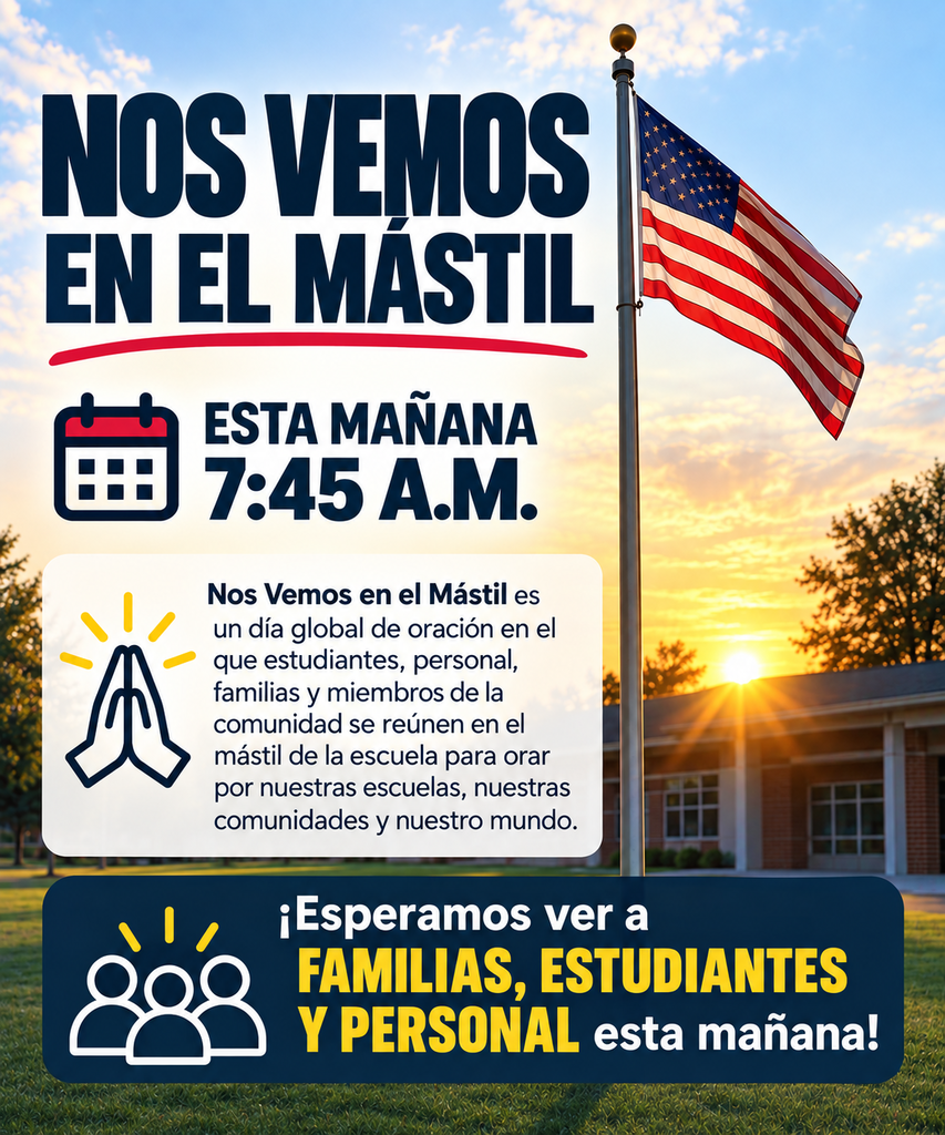 A flagpole with an American flag. Text in Spanish. Time 7:45 AM. Sunset. Building behind.