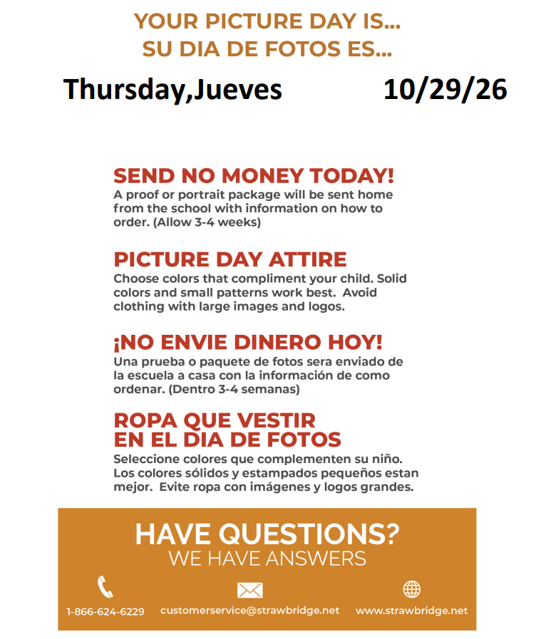 Black text on white with orange accents. Information about picture day, no money needed, and dress code. Date in three languages.