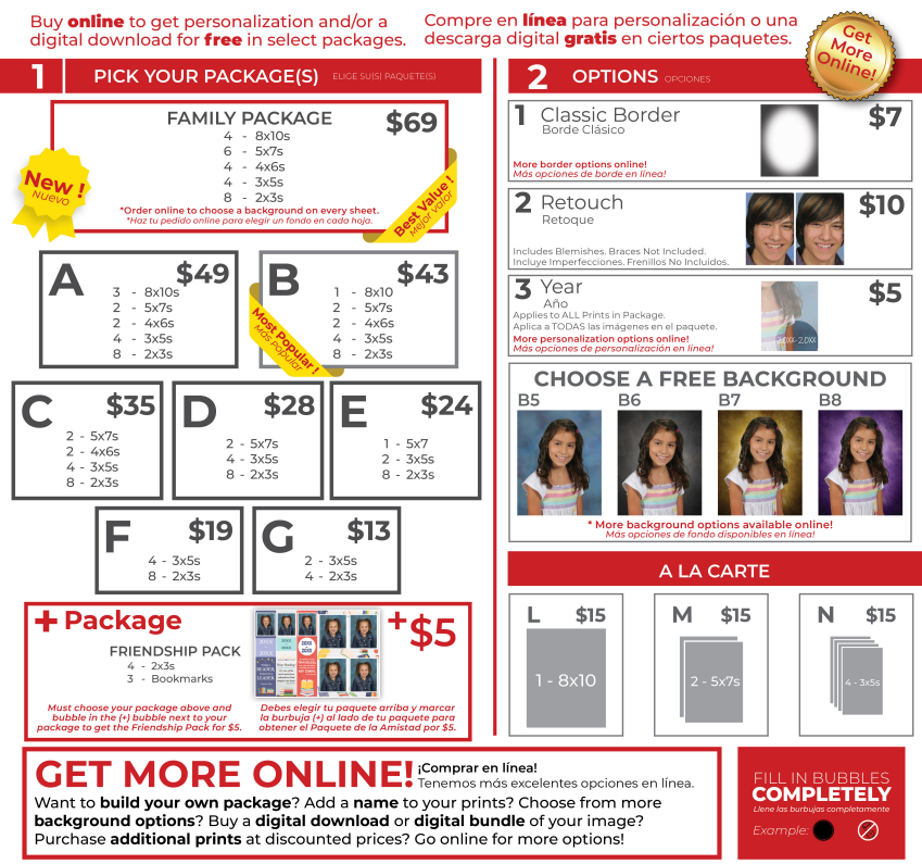 A flyer displays various packages with prices and options for purchasing digital images. It includes options for backgrounds and packages.