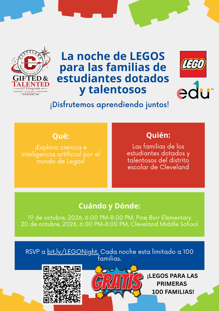 Multicolored poster with various shapes and logos. Text reads "La noche de LEGOS para las familias de estudiantes dotados y talentosos". QR code and event details provided.
