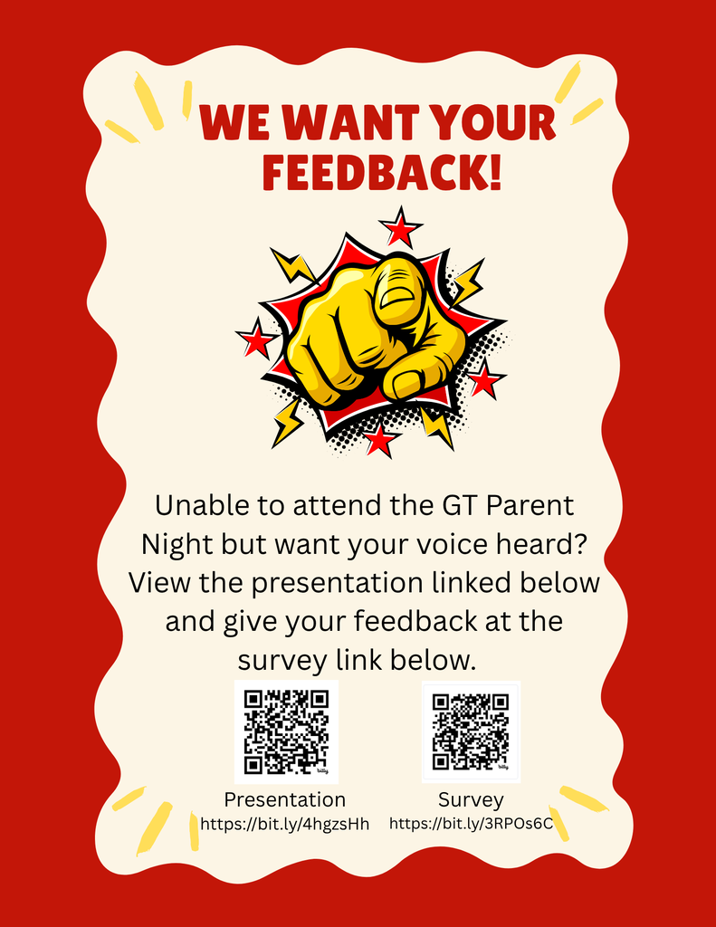 A red backdrop features a graphic of a hand pointing upward. Text reads: "We want your feedback!" Below are two QR codes and links to a presentation and survey.