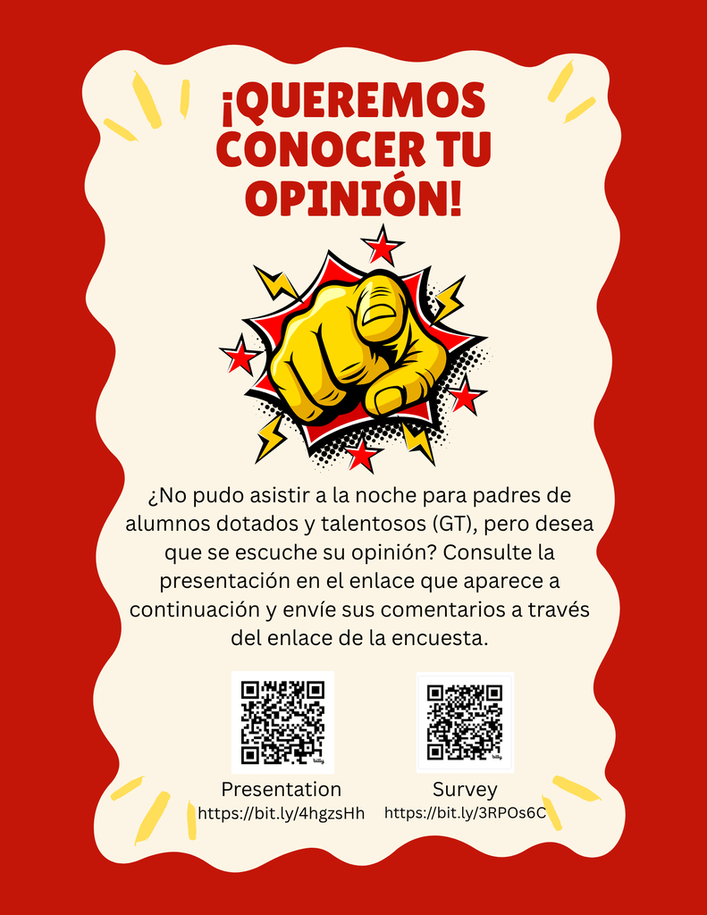A red and white design features a yellow fist with a star, text in Spanish, two QR codes, and website links for survey and presentation.