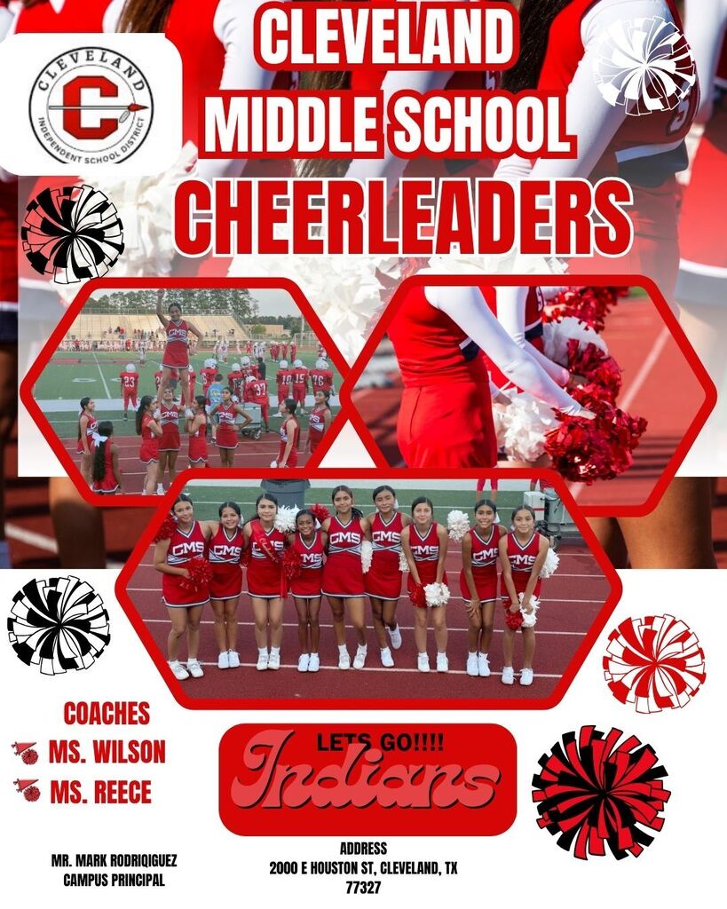White Flyer with Red and Black Font, Pom Poms, Cheerleaders