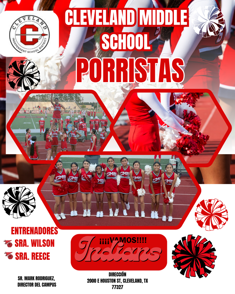 White Flyer with Red and Black Font, Pom Poms, Cheerleaders