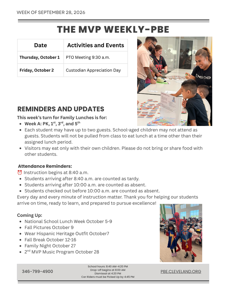 Weekly schedule for a school, showing activities and events from October 2 to 8, 2024, including PTO meeting and family appreciation day.