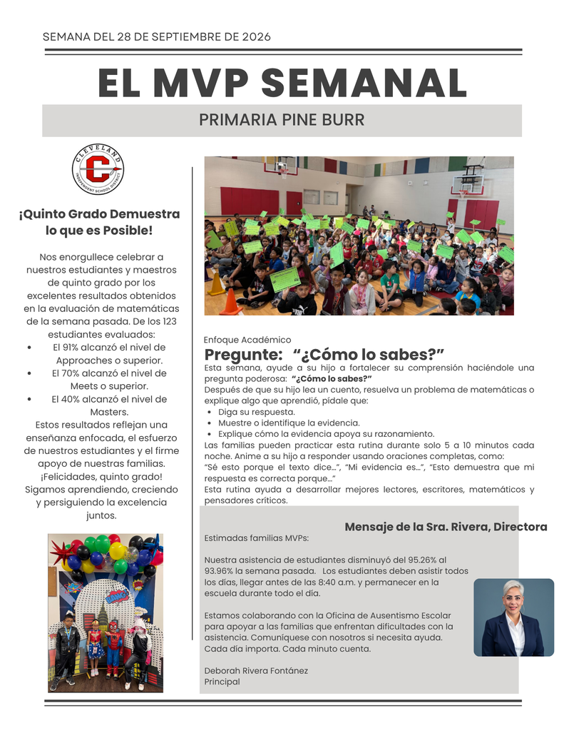A page featuring a headline "EL MVP SEMANAL" and text "PRIMARIA PINE BURR" includes a photo of a group in a room with green signs.