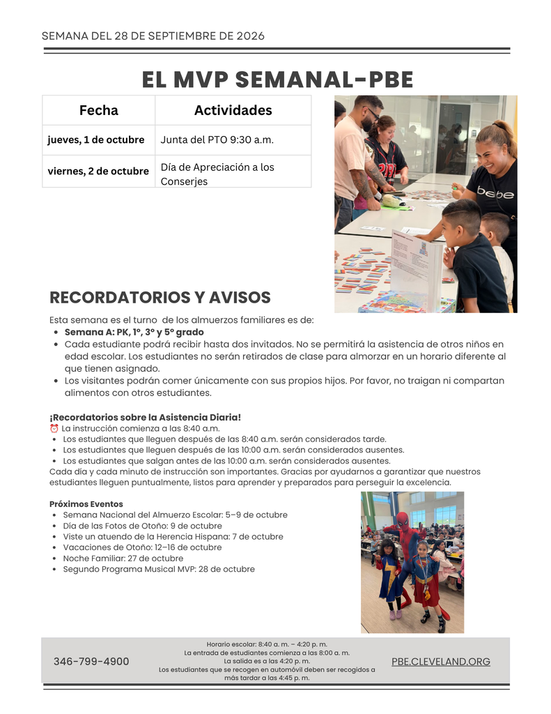 Document with "El MVP Semanal" header. A table of activities for the week of September 28, 2016, includes "Junta del PTO" and "Dia de Apreciacion". Photos of students and teachers.
