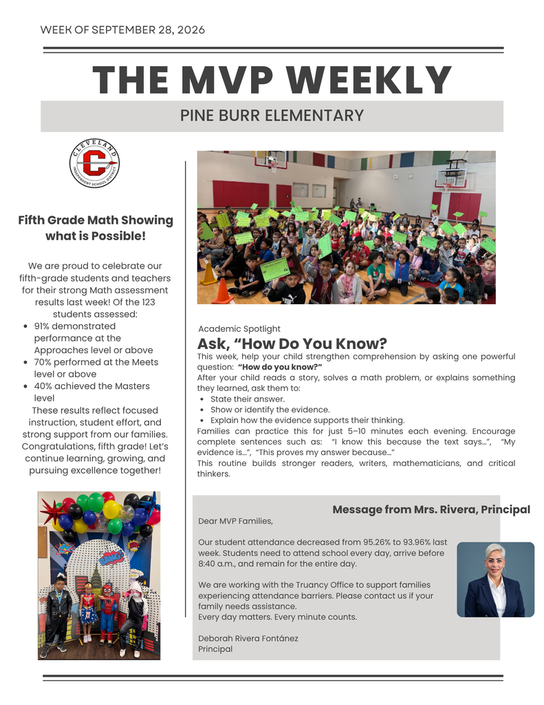 A newsletter from Pine Burr Elementary. It highlights the achievements of fifth-grade students and includes a message from the principal.