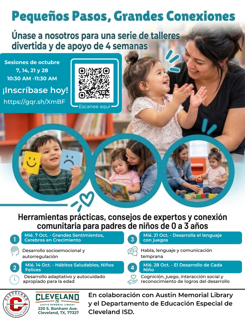 A flyer shows a woman and children in a library. It highlights a four-session series of workshops for parents of children aged 0-3.