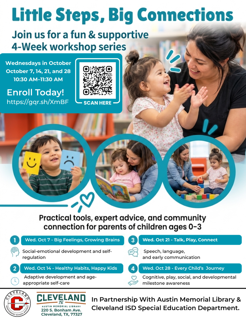 Flyer with woman and children, reading, playing. Text: "Little Steps, Big Connections." Dates, times, and workshop topics listed.
