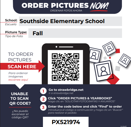 An advertisement for Southside Elementary School shows steps to order pictures, including a QR code and a website link.