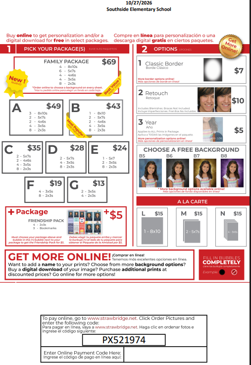 A flyer with several packages and options for photo packages. Each package has a price and different background choices.