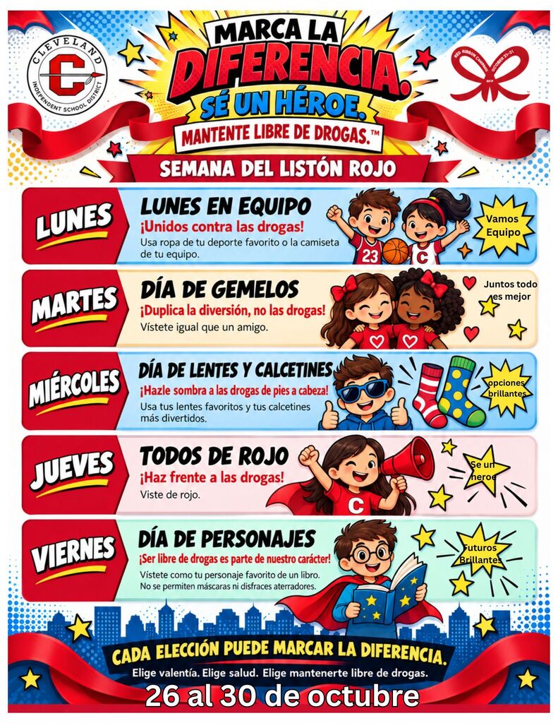A banner with days of the week and activities, including team building, gender roles, eyeglasses, red capes, and character favorites.