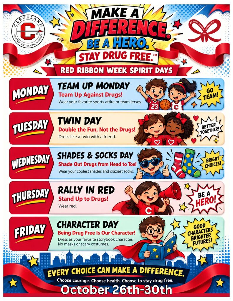 Poster with a red ribbon and various themes for Red Ribbon Week Spirit Days. Each day has a theme: Team Up, Twin Day, Shades & Socks, Rally In Red, Character Day.
