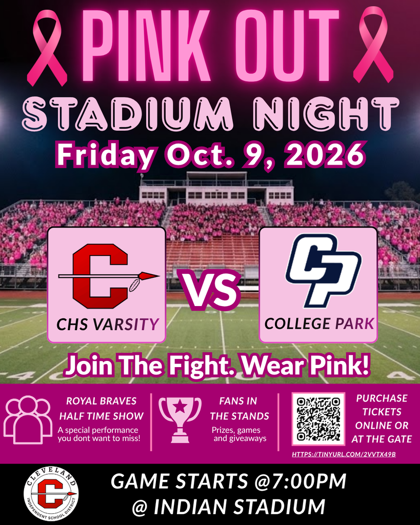 Pink Out Stadium Night on Oct 9, 2026. Two teams. Royal Braves vs College Park. Join the fight, wear pink. Game at Indian Stadium.