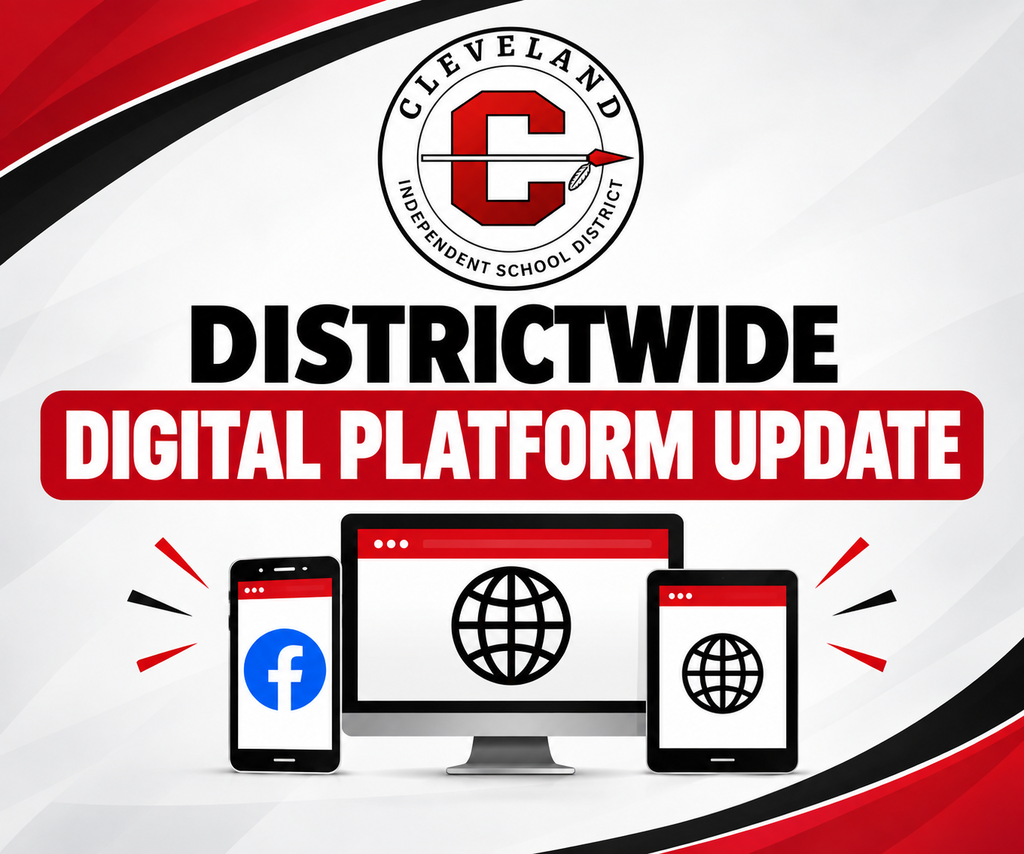Advertisement for Cleveland District Digital Platform Update, featuring a monitor, two mobile devices, and social media icons.