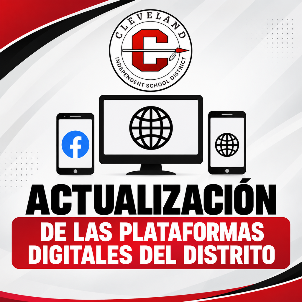White background with red borders. A red globe, phone, and computer. "Actualización de las plataformas digitales del distrito" in bold red text.