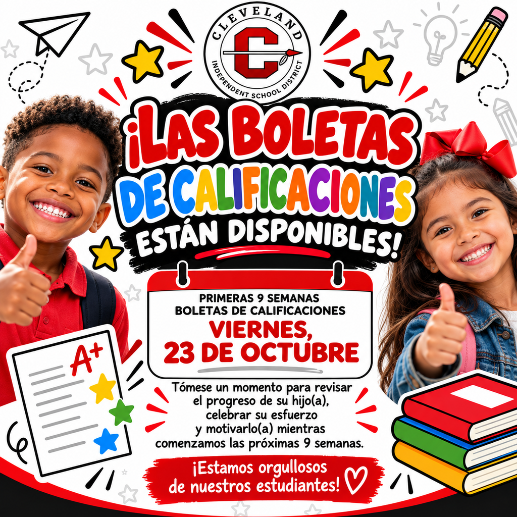 Two smiling children, one giving a thumbs up, stand with books. Text reads "¡Las Boletas de Calificaciones Están Disponibles!" Background has stars and pencils.