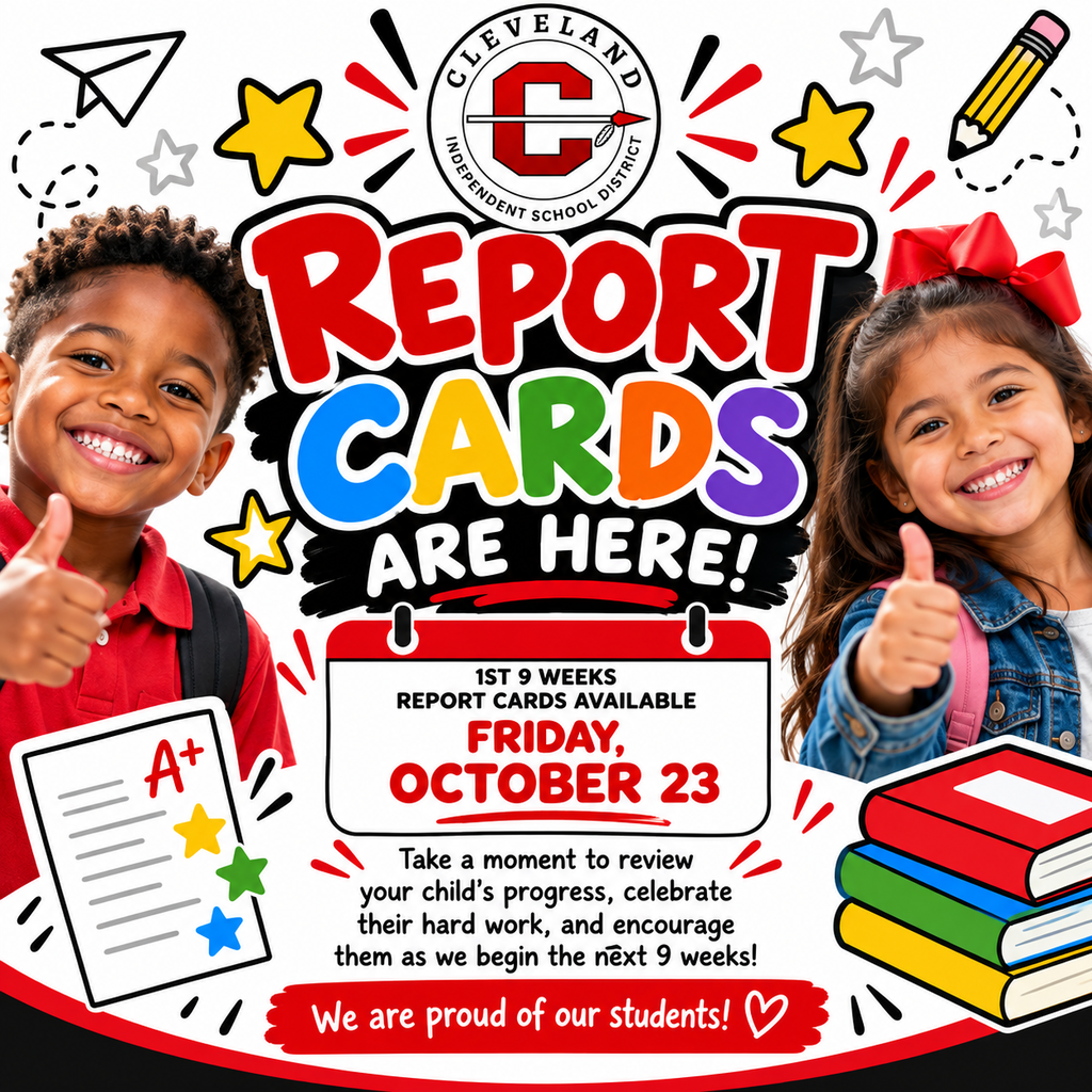 Two children smile with thumbs up. Text reads: "Report Cards are Here! 1st 9 weeks Friday, October 23."