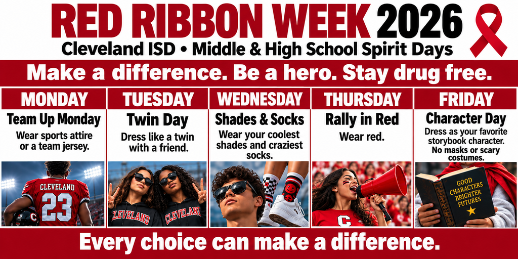 Red poster with five days of dress-up activities. Each day has a theme and suggested attire.