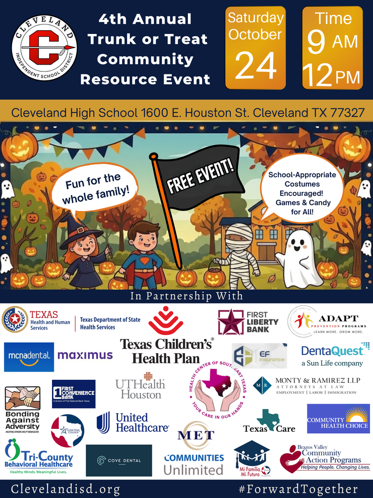 Event poster with Halloween theme featuring children in costumes, pumpkins, and ghost. Logo and sponsor logos at the bottom.