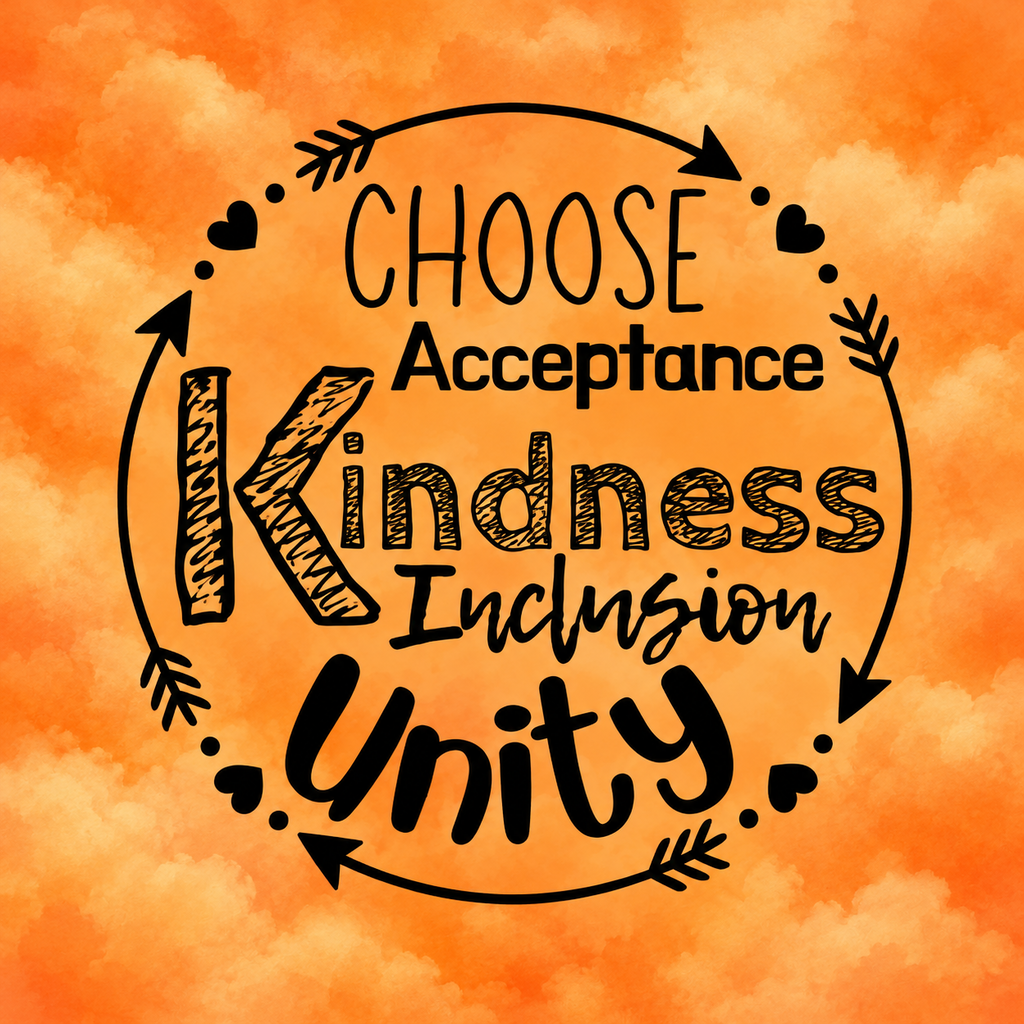 Graphic design with a circle of arrows, hearts, and leaves with words "Choose Acceptance Kindness Inclusion Unity".