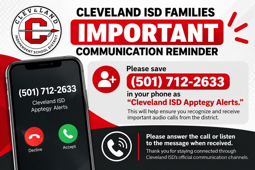 An alert about communication with Cleveland ISD. A phone displays an incoming call from Cleveland ISD Appogee Alerts.