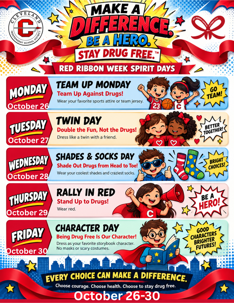 Colorful superhero-themed Red Ribbon Week flyer for October 26–30. Spirit days include sports attire Monday, Twin Day Tuesday, sunglasses and fun socks Wednesday, wearing red Thursday, and storybook characters Friday.