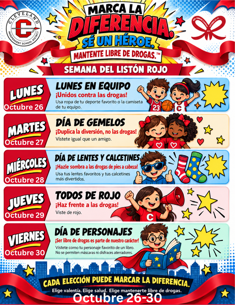 Cartel colorido de la Semana del Listón Rojo, del 26 al 30 de octubre, con temática de superhéroes. Los días incluyen ropa deportiva el lunes, Día de Gemelos el martes, lentes y calcetines divertidos el miércoles, ropa roja el jueves y personajes de libros el viernes.
