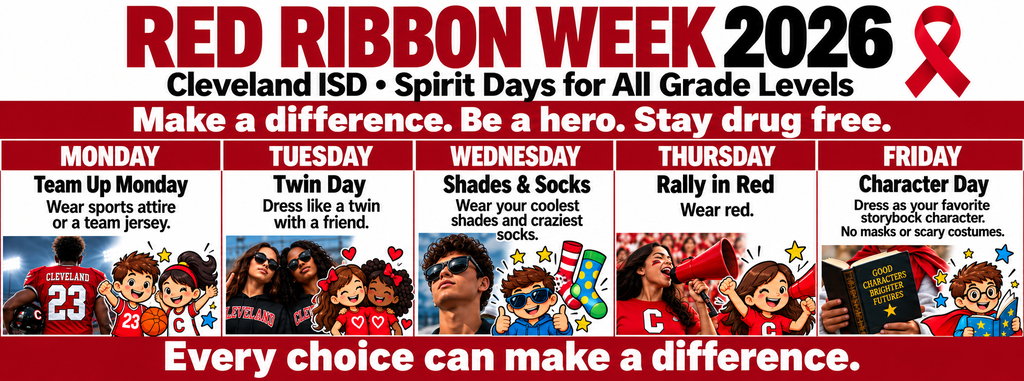 Red poster with "RED RIBBON WEEK 2026" and a red ribbon. A schedule for Monday to Friday is shown.