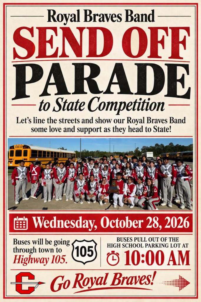 A group of people wearing red and white uniforms and marching in a formation. A bus is behind them.