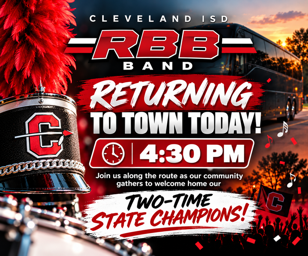 Poster for Cleveland ISD RRB Band homecoming event. Features black hat, bus, text, and people.