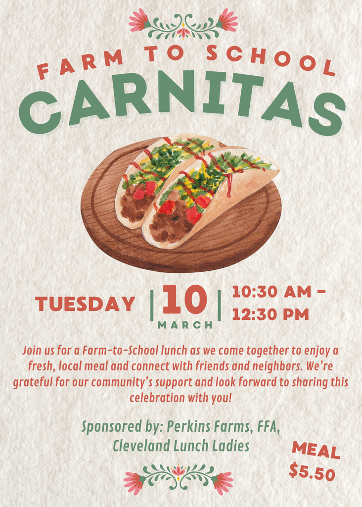 Come support your community be having lunch at Cleveland School, March 10th from 10:30 - 12:30. 