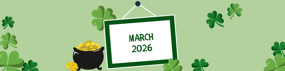 light green background with green shamrocks with a pot of gold