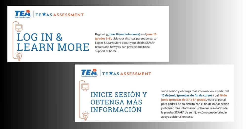 Two adults view the Texas Assessment Family Portal on a laptop screen. Below, a Texas Assessment graphic encourages families to "Log In & Learn More" about student assessment results. Calendar icons indicate End-of-Course results are posted June 10 and Grades 3–8 results are posted June 16.