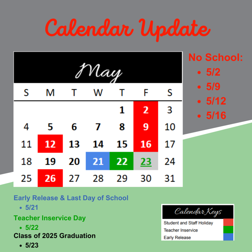 Clifton ISD will not have school on 5/2, 5/9, 5/12, and 5/16