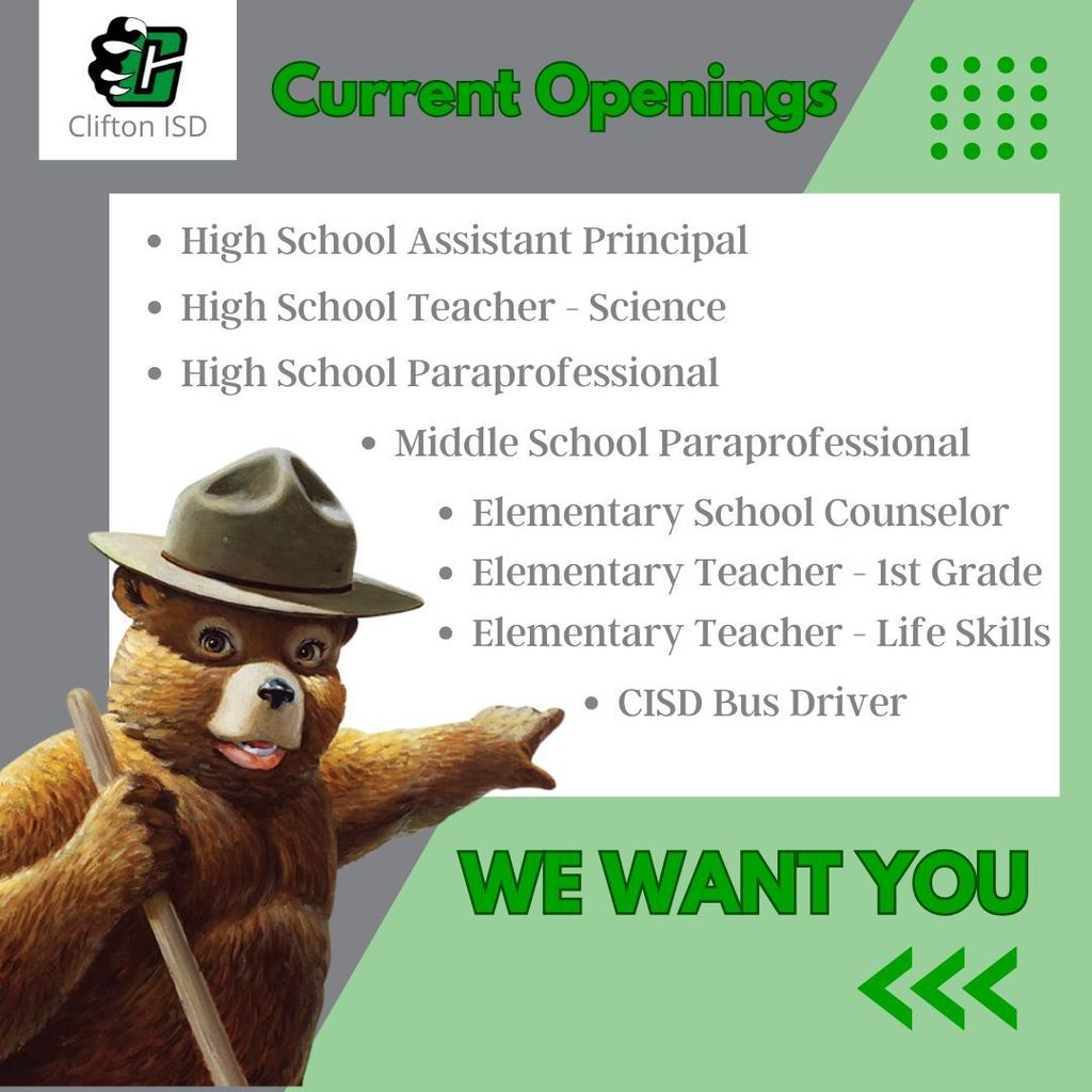 Clifton ISD Current Job Openings April 11, 2025 Smokey the Bear we want you