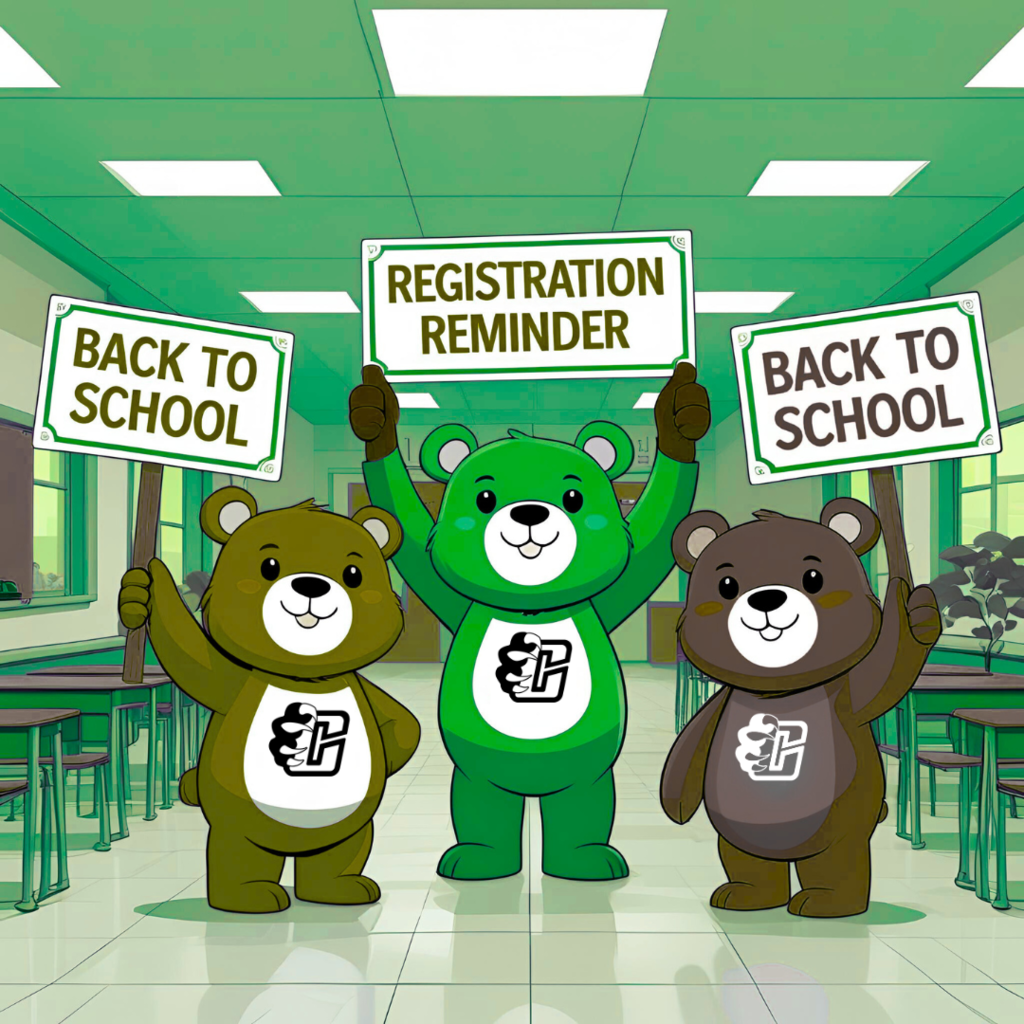 Back to School three nostalgic looking bears holding signs saying back to school and registration reminder