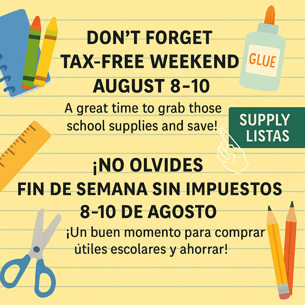 Yellow Notepad background with supplies. Tax Free Weekend August 8th - 10th. A great time to save on school supplies.