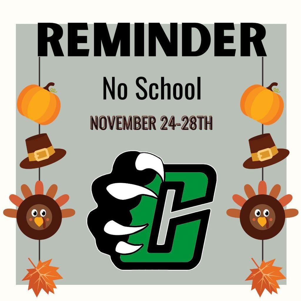 nder No School November 24th - 28th on a grey background with the cub logo and streamers of turkey, leaf, and pilgrim hat