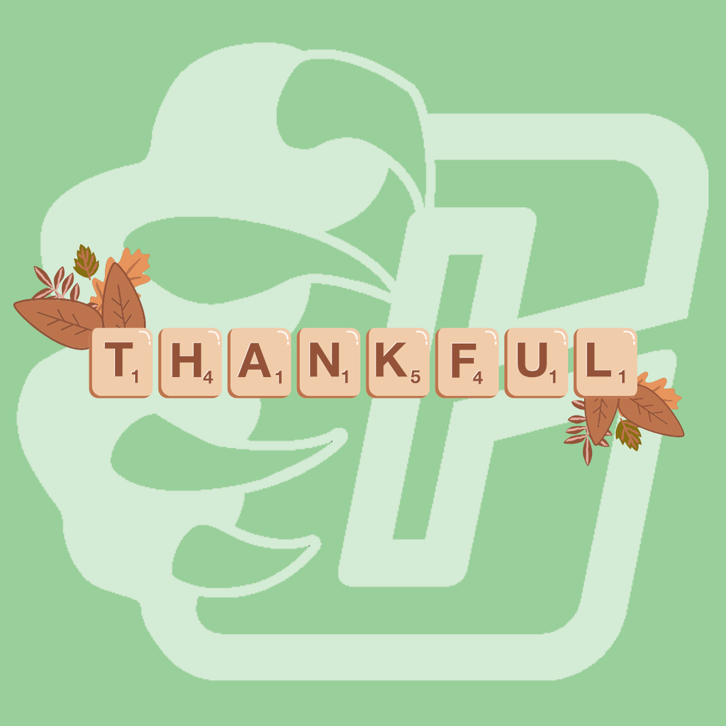 Thankful scrabble tiles with a light green background and a white transparent clifton cub logo
