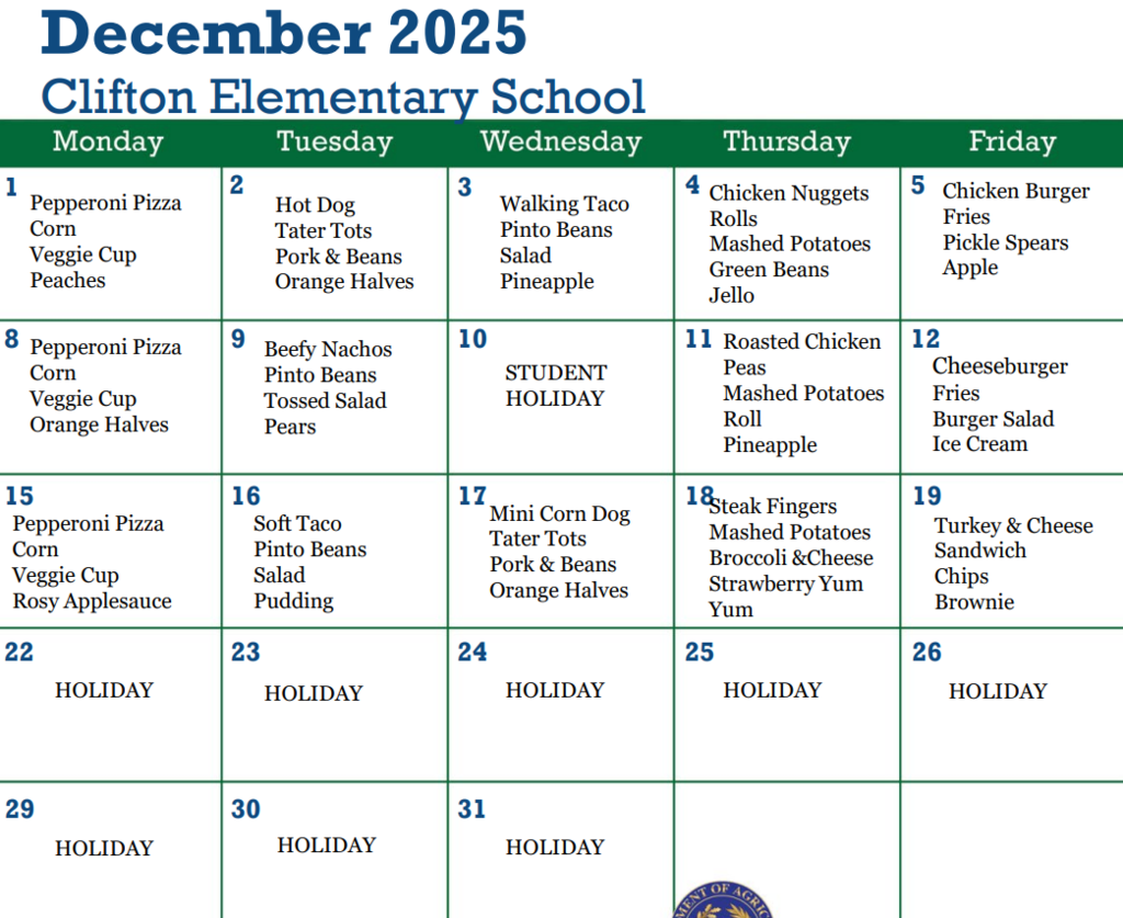 CES Lunch Menu December 2025